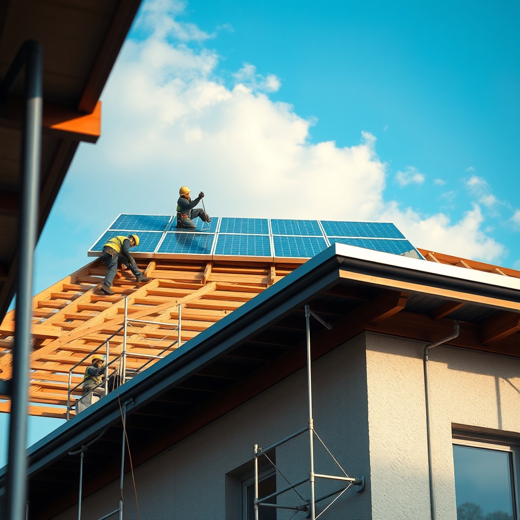 A photorealistic view of a roof under construction with Bramac Ekolojik Kiremit being moun