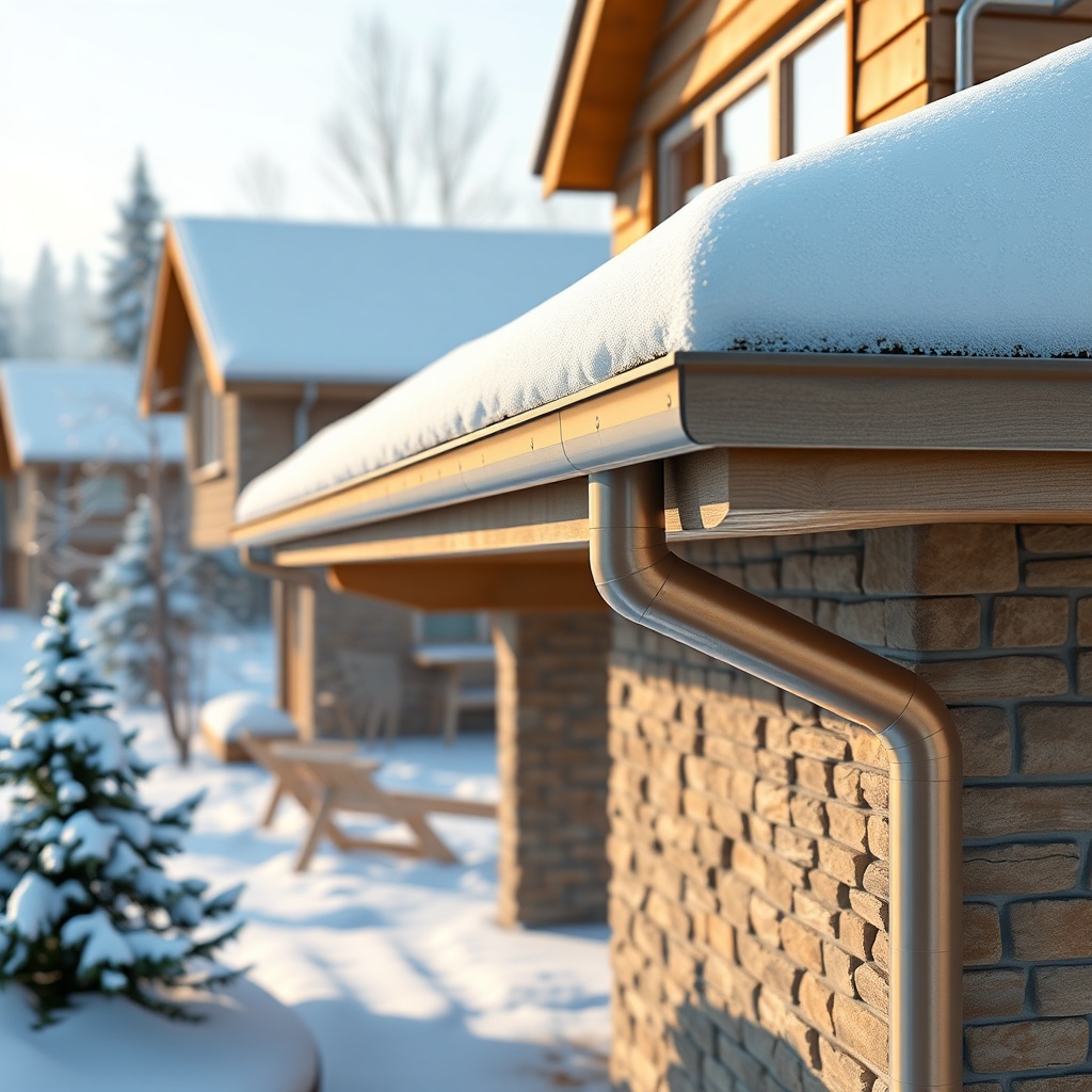 <clean photorealistic photo/illustration of Bramac kiremit with snow guards and gutter sys
