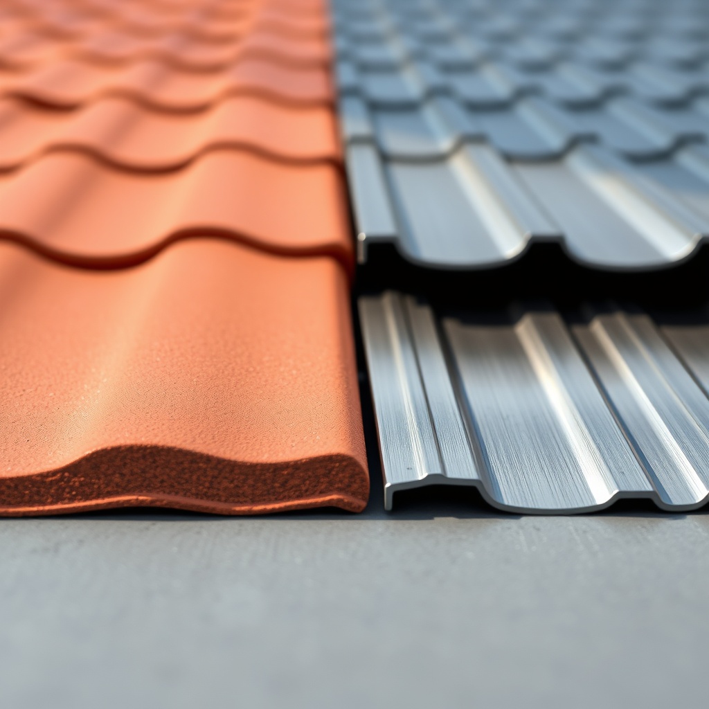 A close-up photorealistic comparison of a red Bramac concrete roof tile and a brushed stee