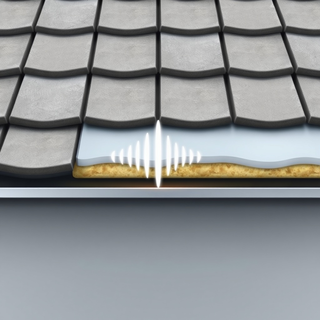 A photorealistic illustration of a cross-section of a roof showing thick concrete tiles on