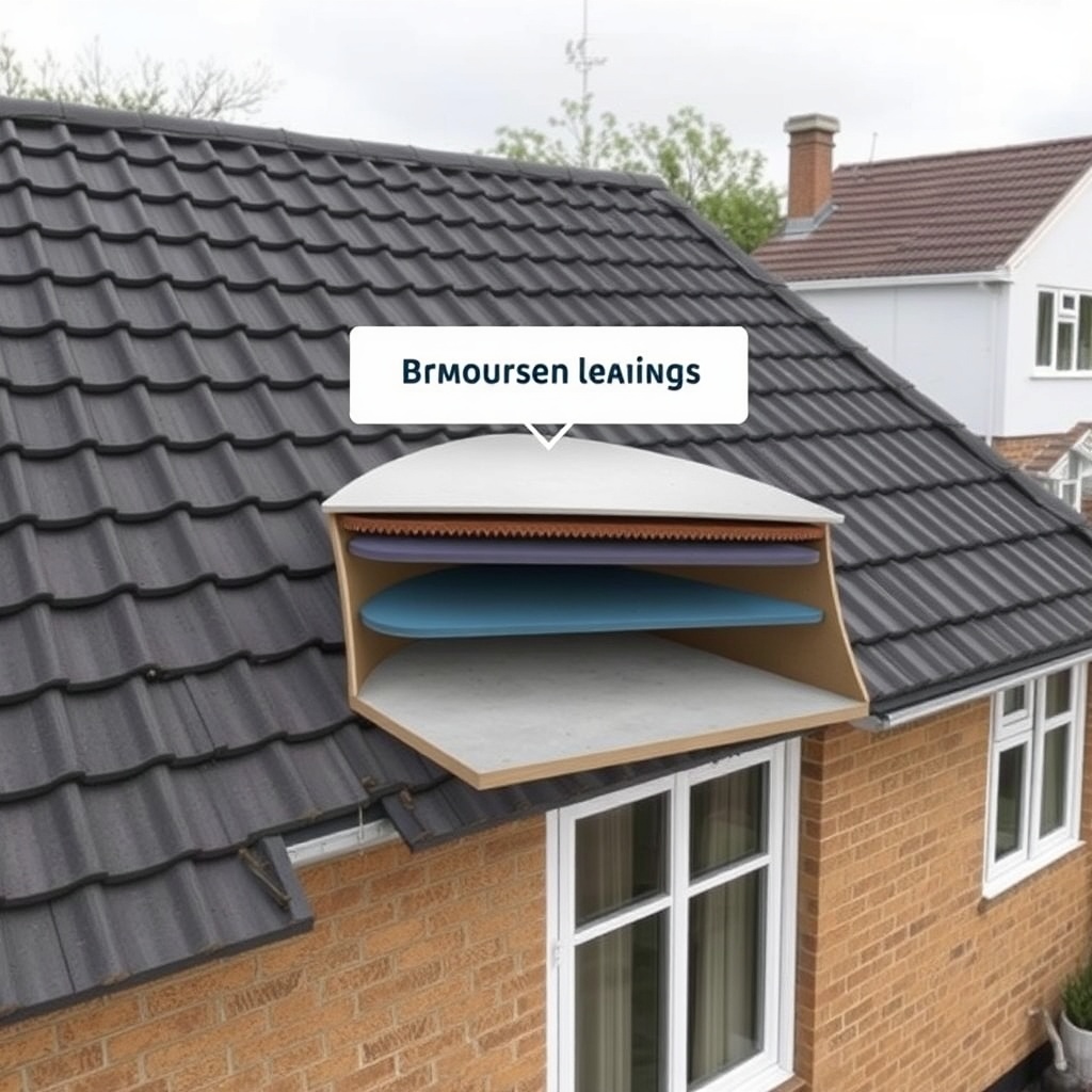<clean photorealistic photo of a Bramac tiled roof with soundproofing layers shown cutaway