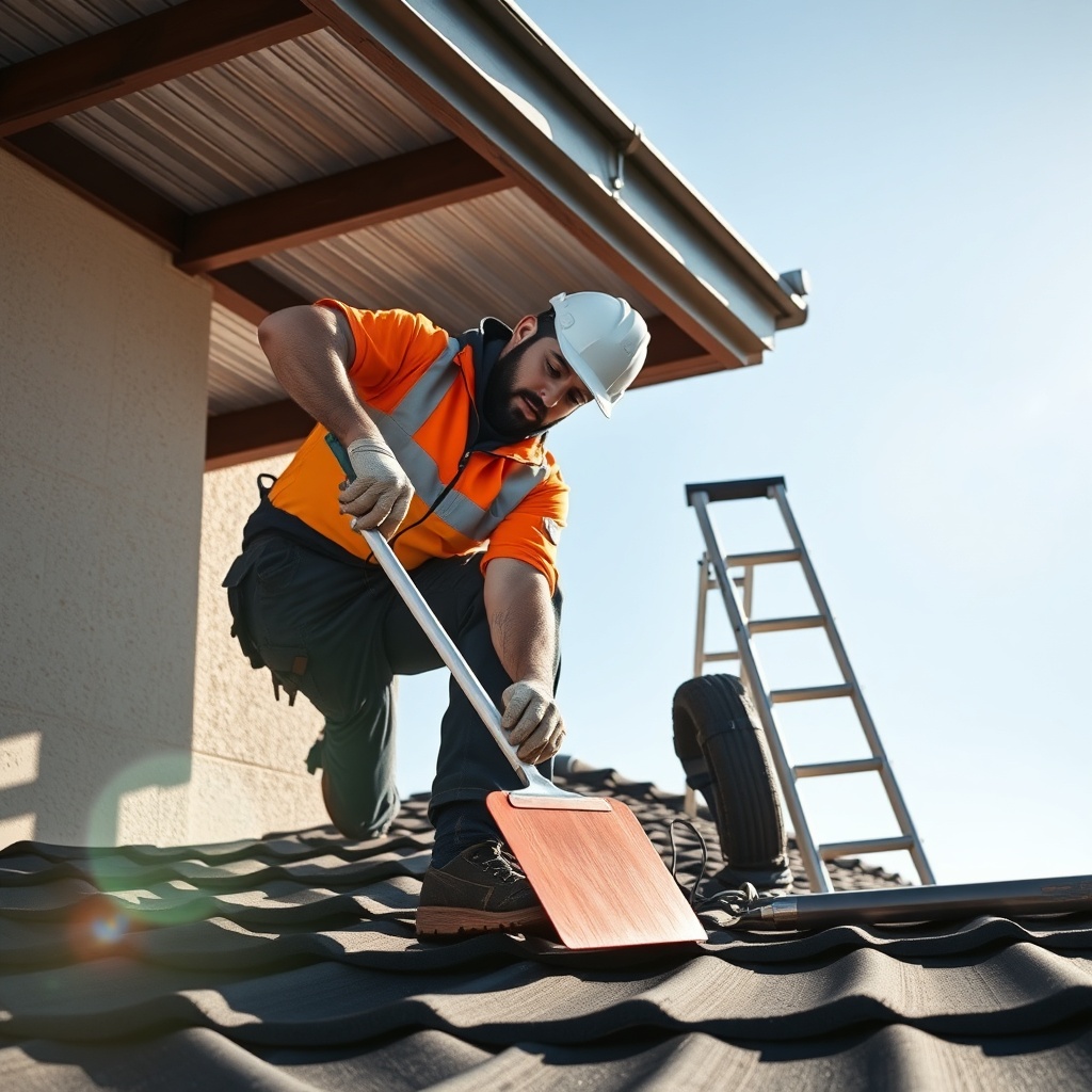 <photorealistic photo of a worker installing Bramac mahya kiremit on a roof