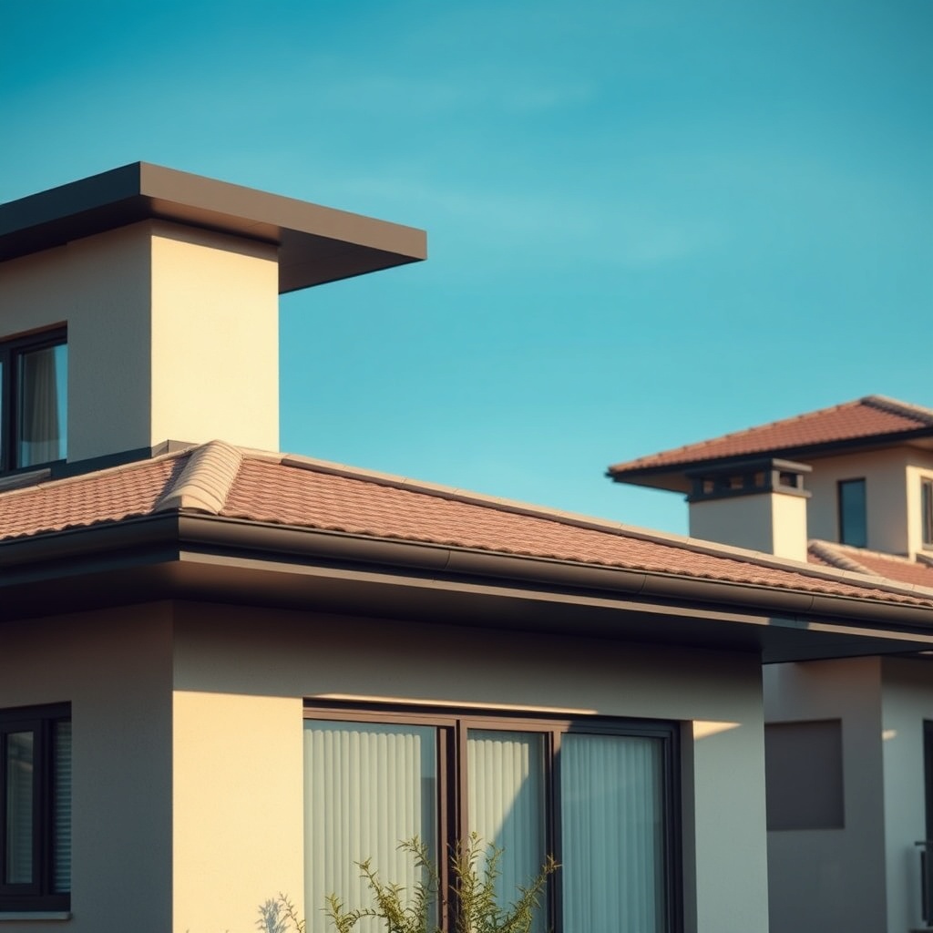 <clean photorealistic photo of Bramac Siper Kiremit on a modern residential roof with blue