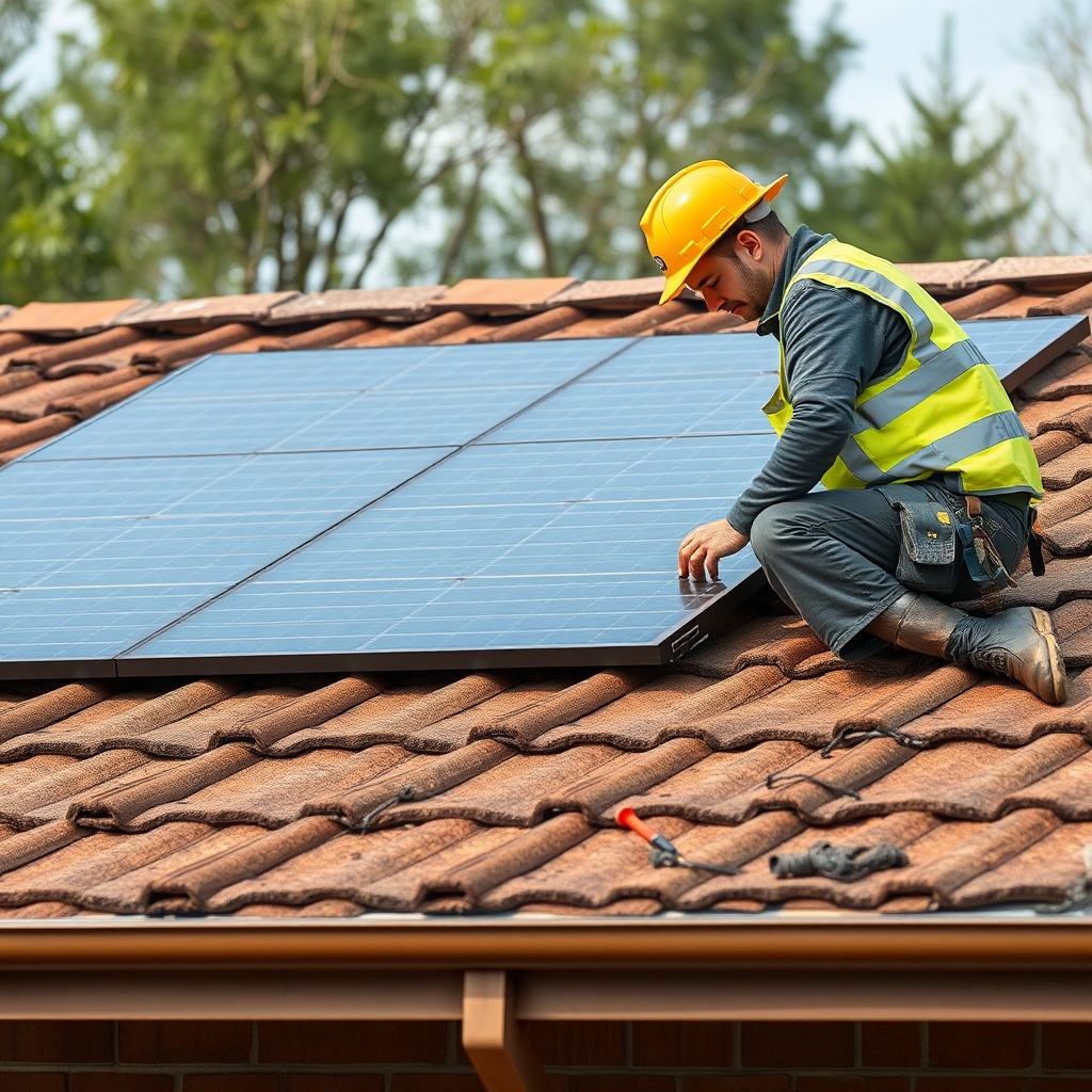 <clean photorealistic photo of a worker installing Bramac Siper Kiremit on a pitched roof