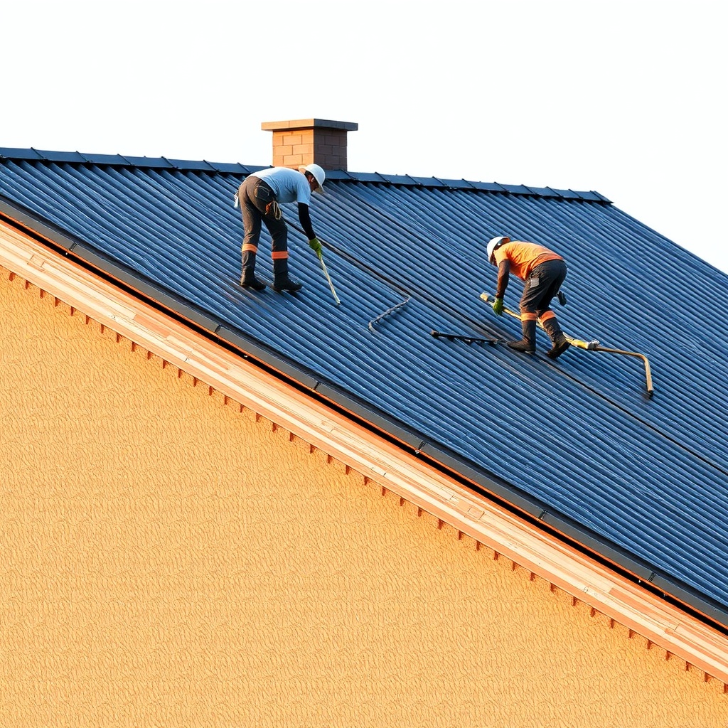 <clean photorealistic photo/illustration of Onduline corrugated roofing sheets being appli