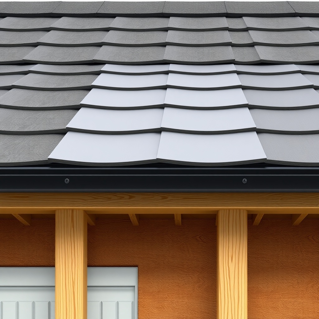 <clean photorealistic photo/illustration of Onduline roofing installation showing overlapp