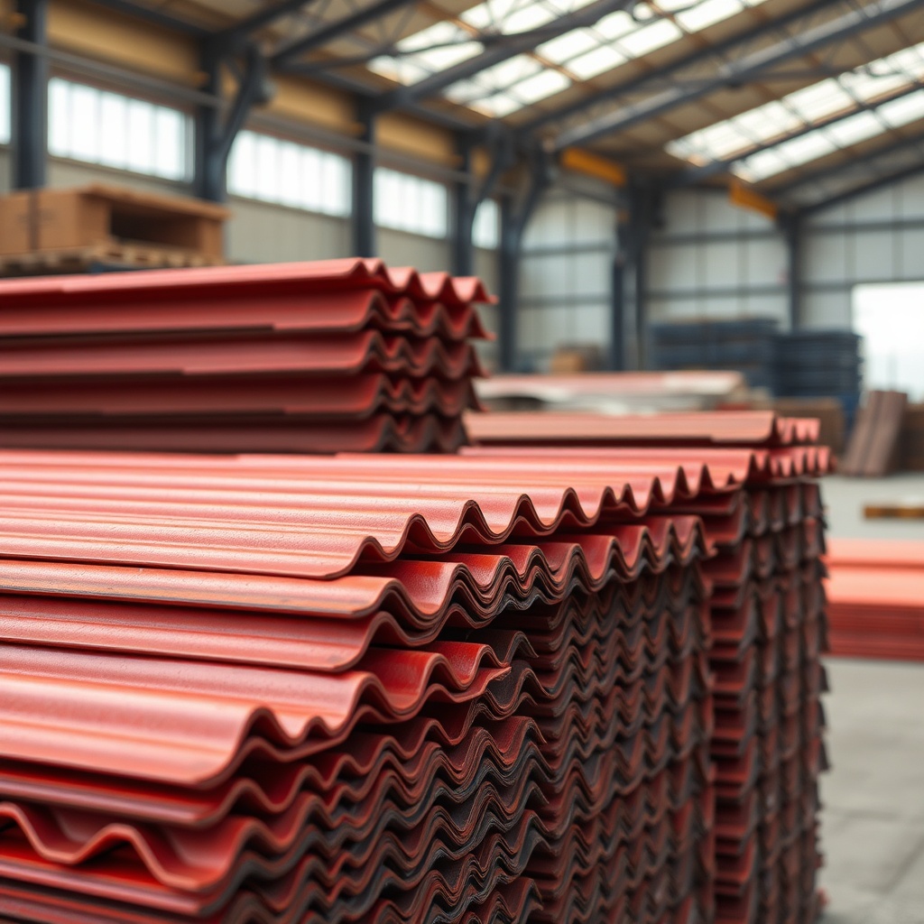 A close-up photorealistic photo of a stacked pile of Onduline corrugated roofing sheets in