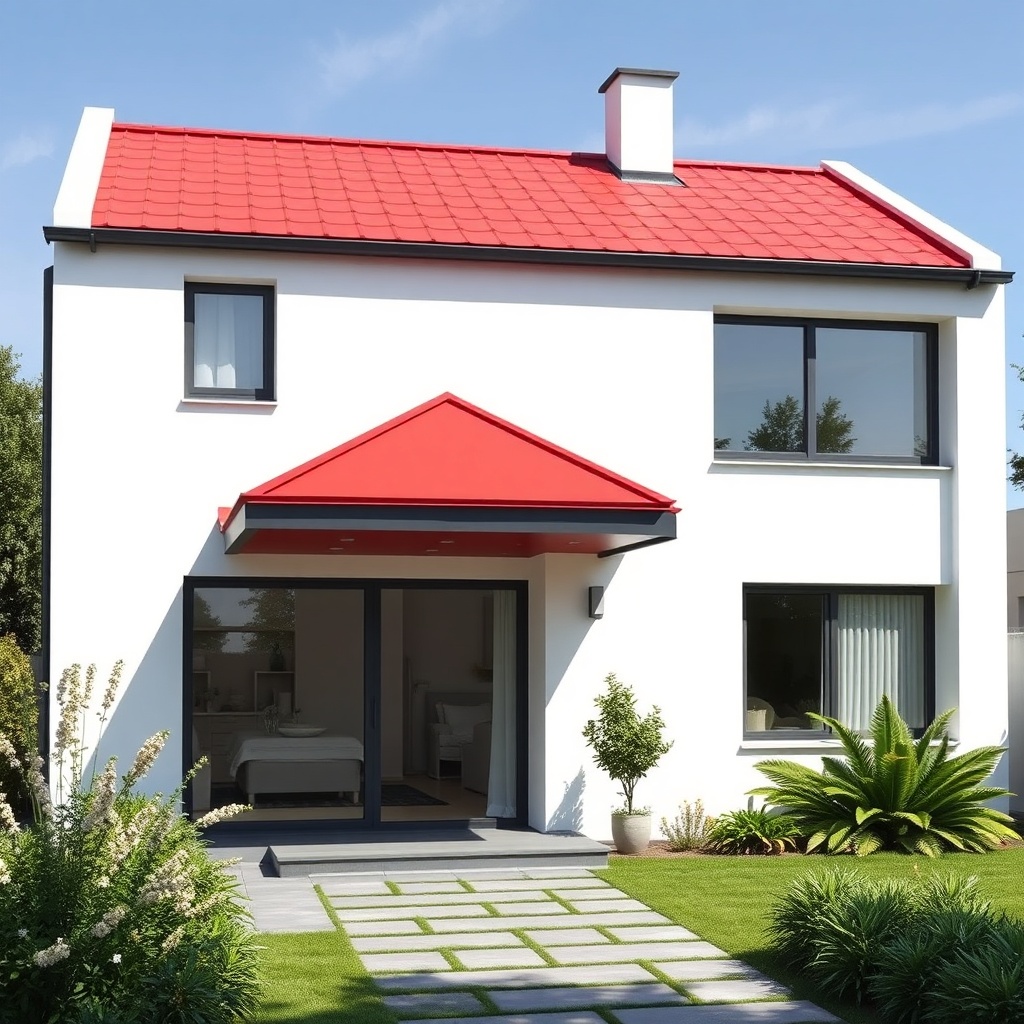 A photorealistic exterior shot of a modern villa with a red Onduline roof visible