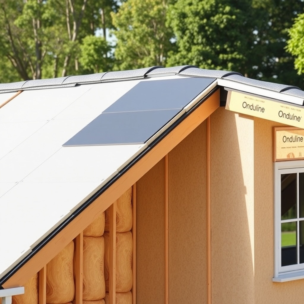 <clean photorealistic photo of a residential roof with Onduline panels being installed wit