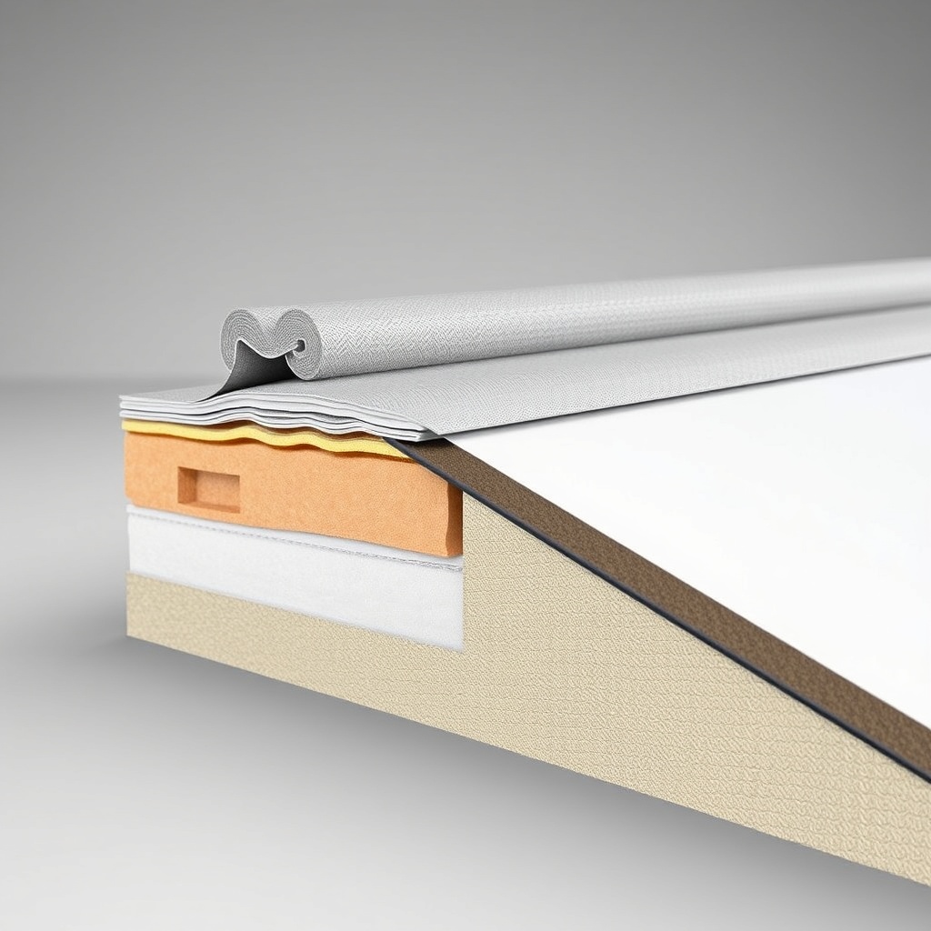 <clean photorealistic photo of a cross-section view of Onduline roof layers showing insula