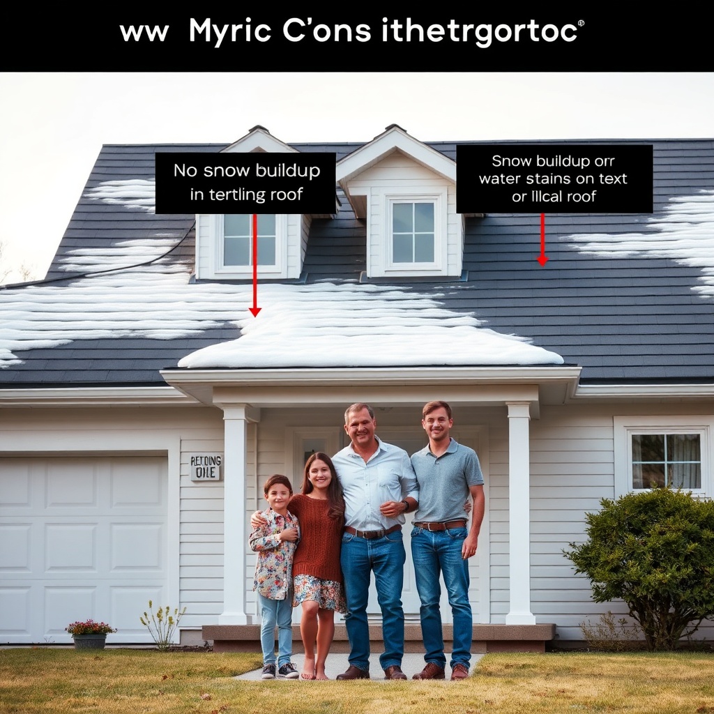 <clean photorealistic photo of a family standing in front of a house with an Onduline roof