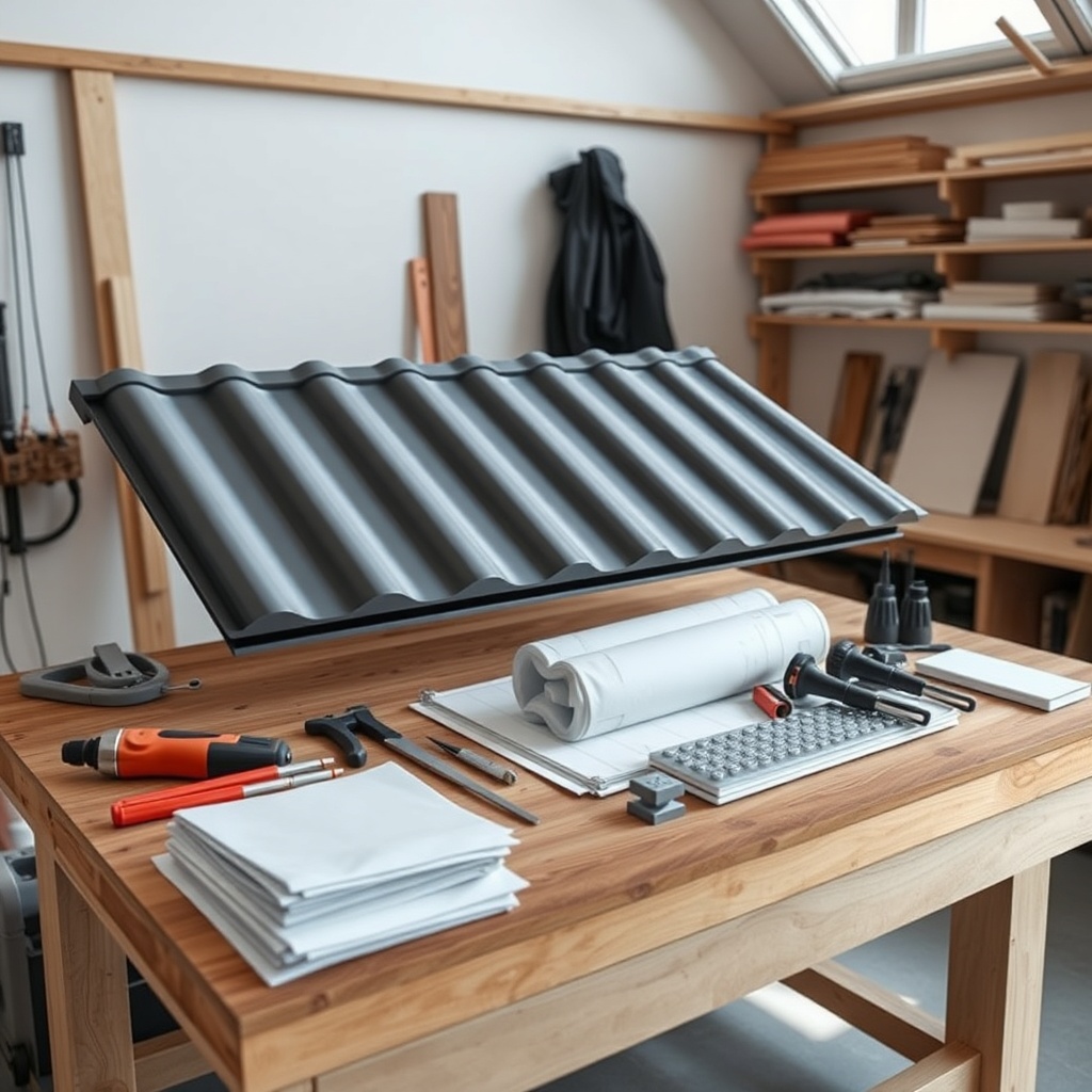 <clean photorealistic photo of a ready-to-install Onduline roof with tools and materials l
