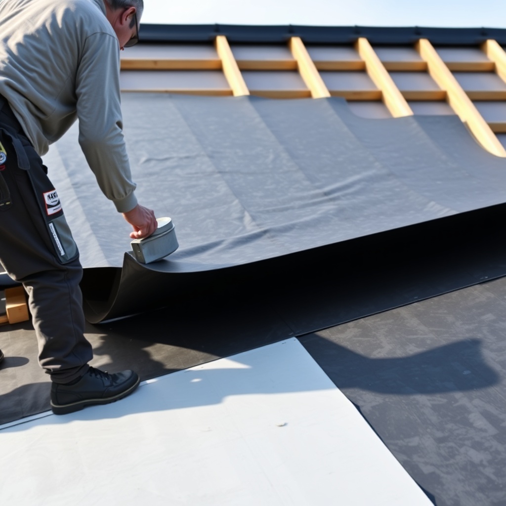 A photorealistic photo of Onduline breathable membrane being installed on a sloped roof wi