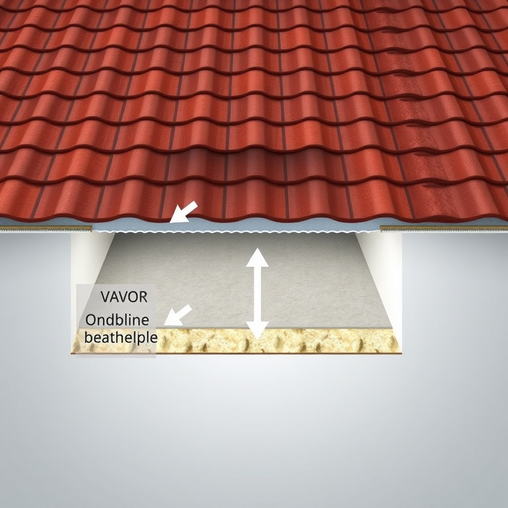 A photorealistic illustration of a cutaway view of a roof showing Onduline breathable memb